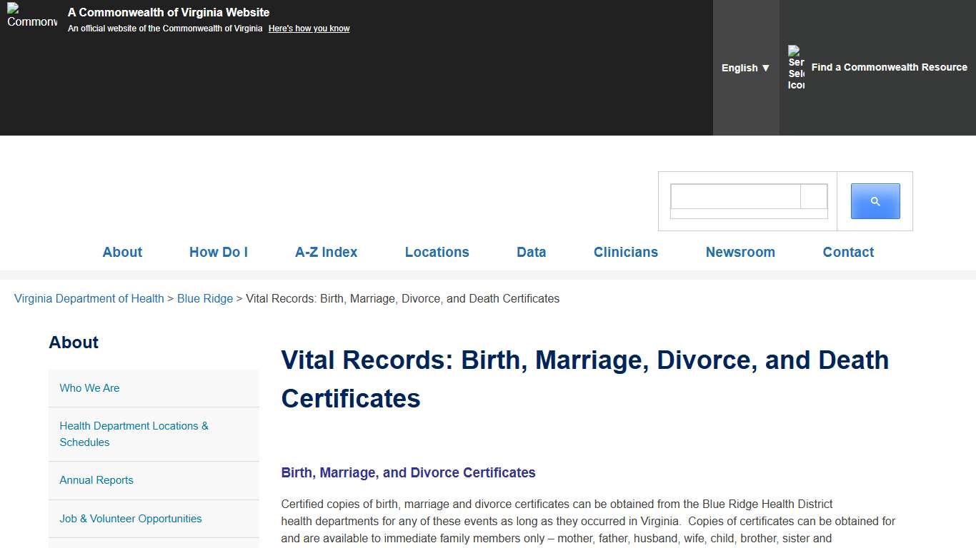 Vital Records: Birth, Marriage, Divorce, and Death Certificates - Blue Ridge