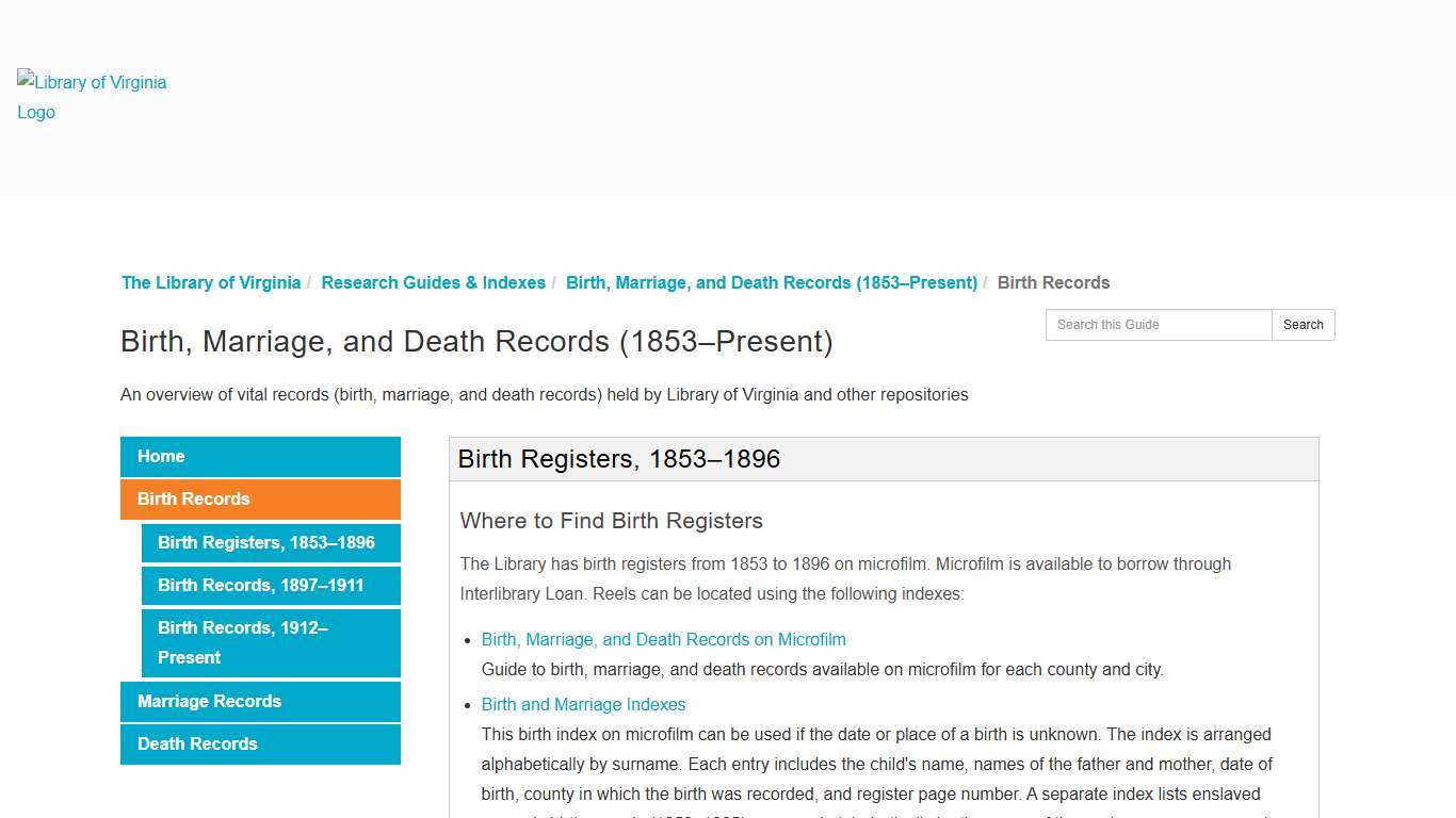 Birth Records - Birth, Marriage, and Death Records (1853–Present) - Research Guides & Indexes at The Library of Virginia
