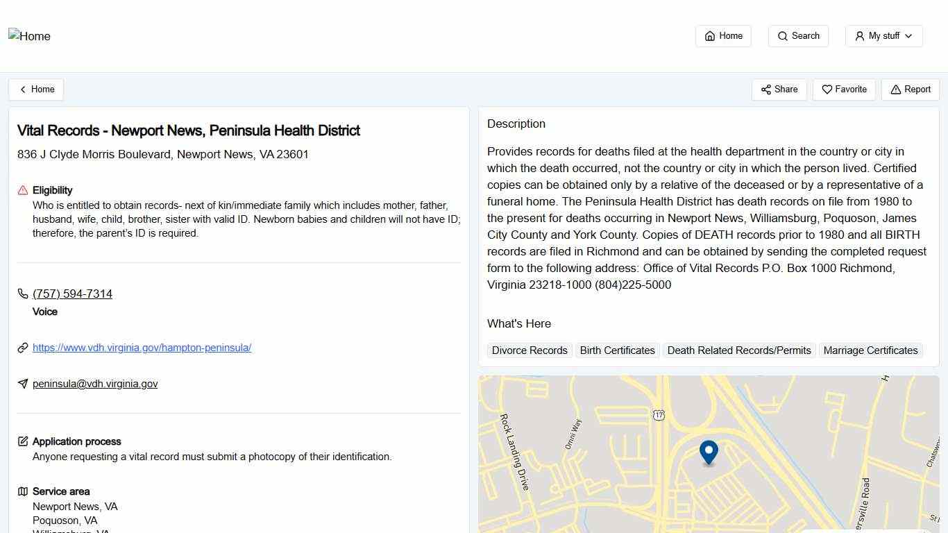 Vital Records - Newport News, Peninsula Health District